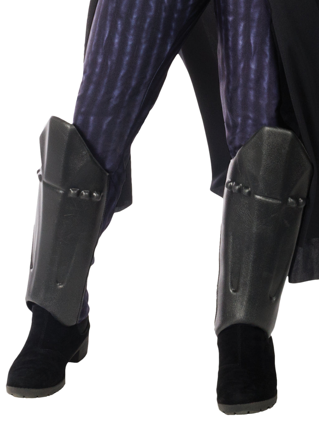 Close-up of the Darth Vader costume's moulded black shin guards and pinstripe legs