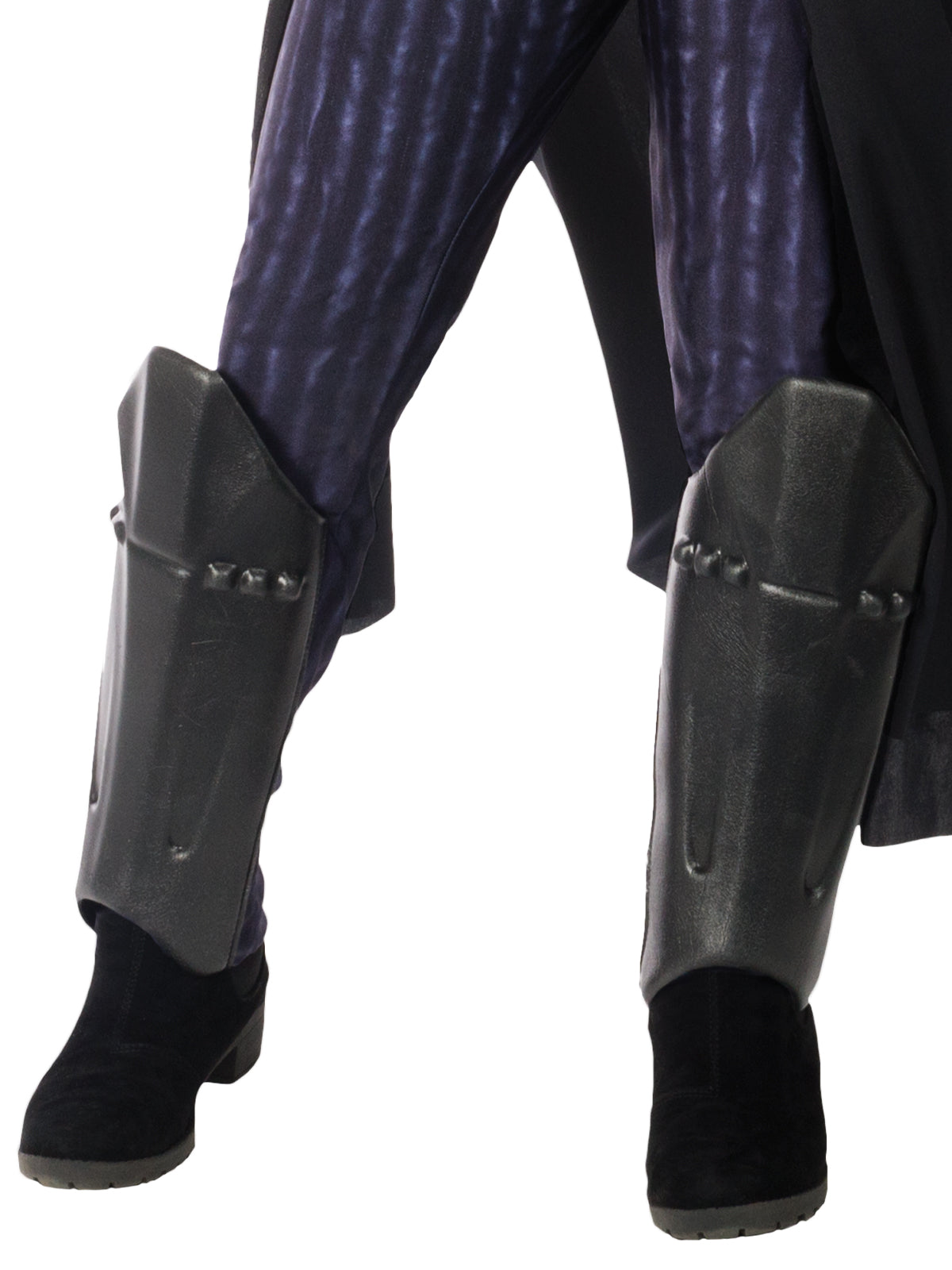Close-up of the Darth Vader costume's moulded black shin guards and pinstripe legs