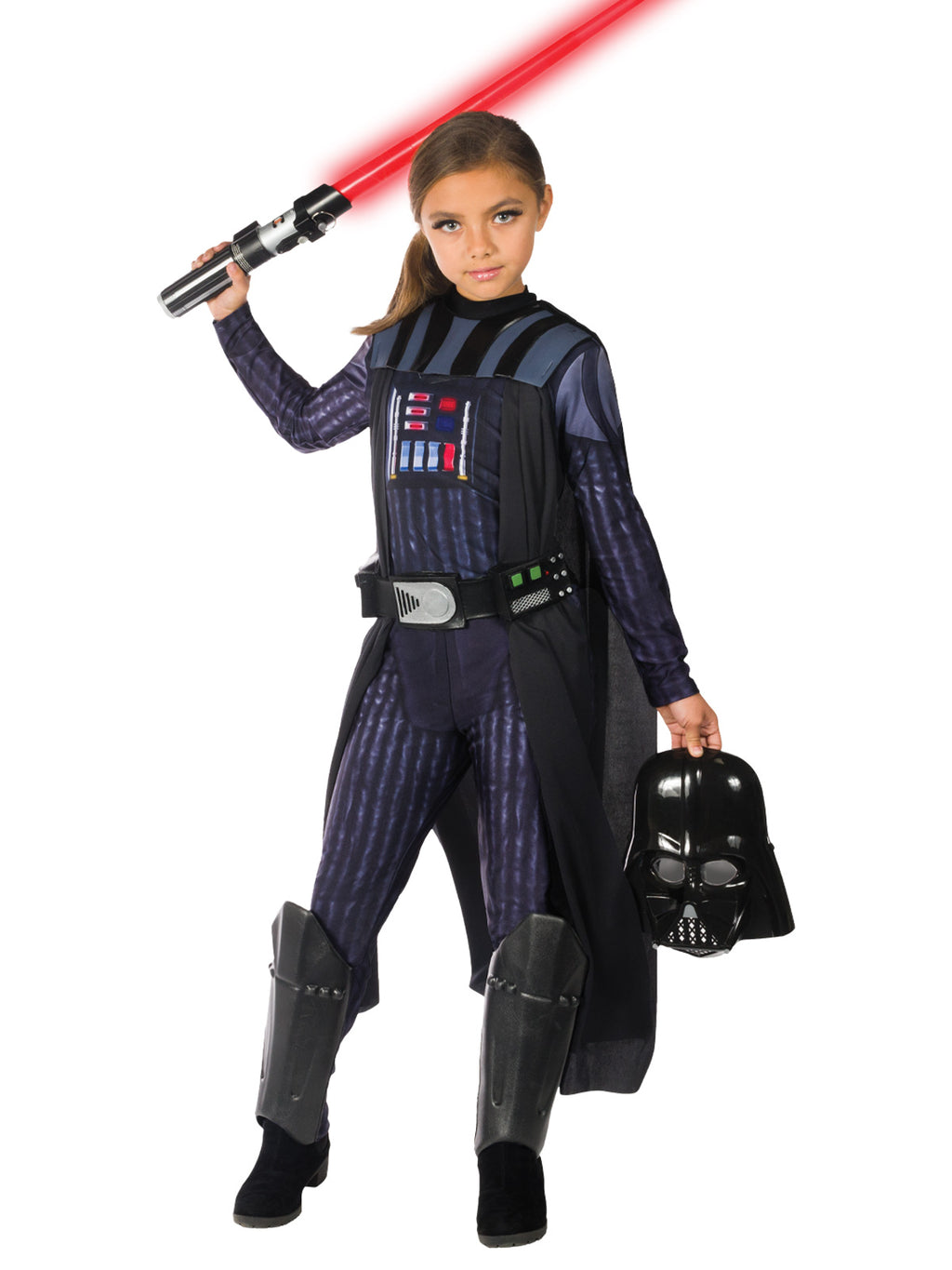 Girl in photo-real Darth Vader jumpsuit with printed control panel, belt, shin guards and black cape