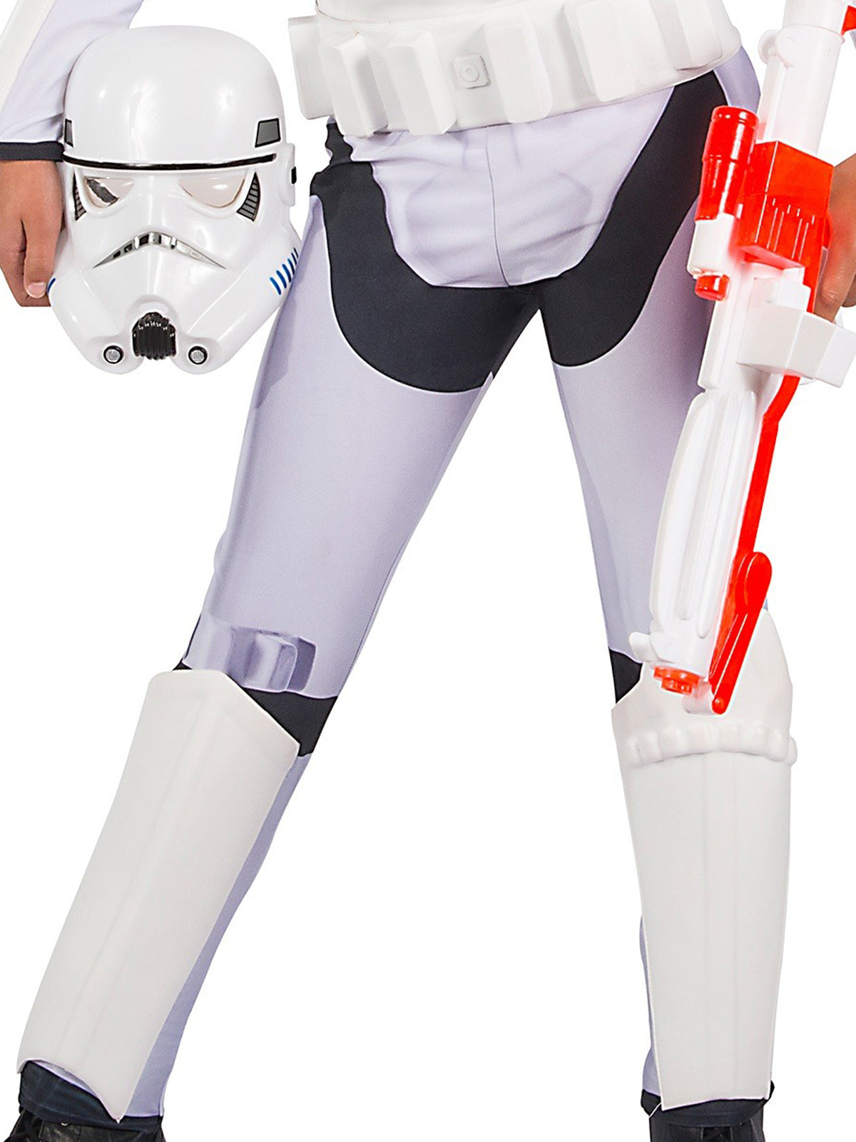 Close-up of the Stormtrooper jumpsuit's moulded leg armour and belt, with the mask held at the side