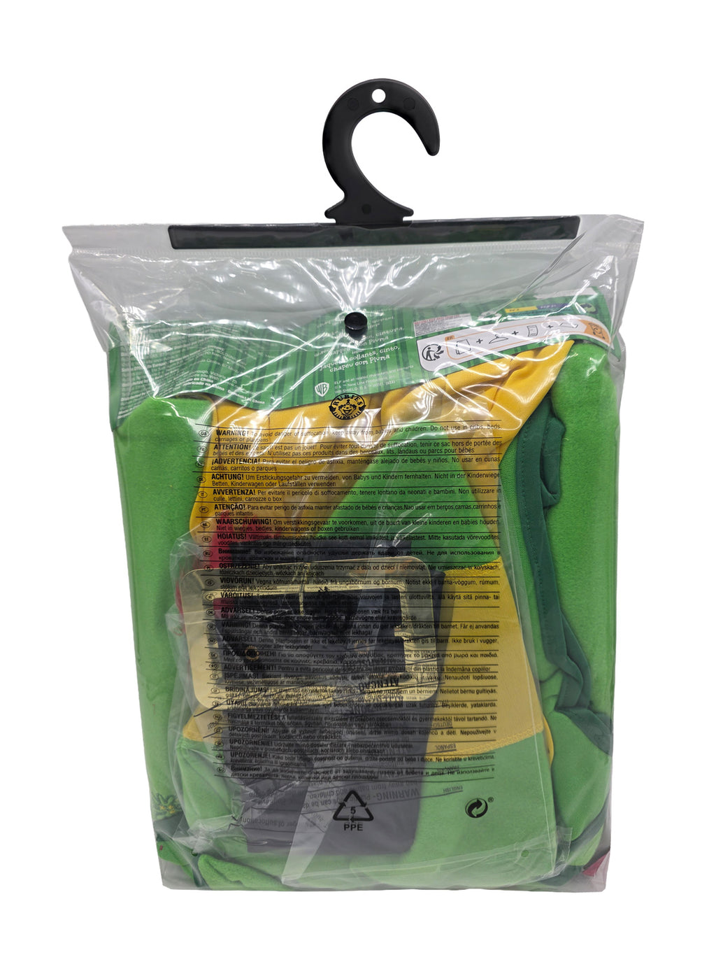 Buddy the Elf costume folded in its clear hanging packaging