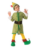 Boy in Buddy the Elf costume with green jacket, black belt, yellow tights and pointed green hat