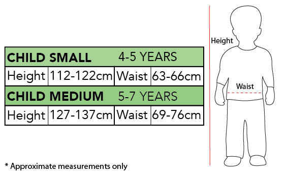 Size chart for the Chewbacca Dress Costume, Child