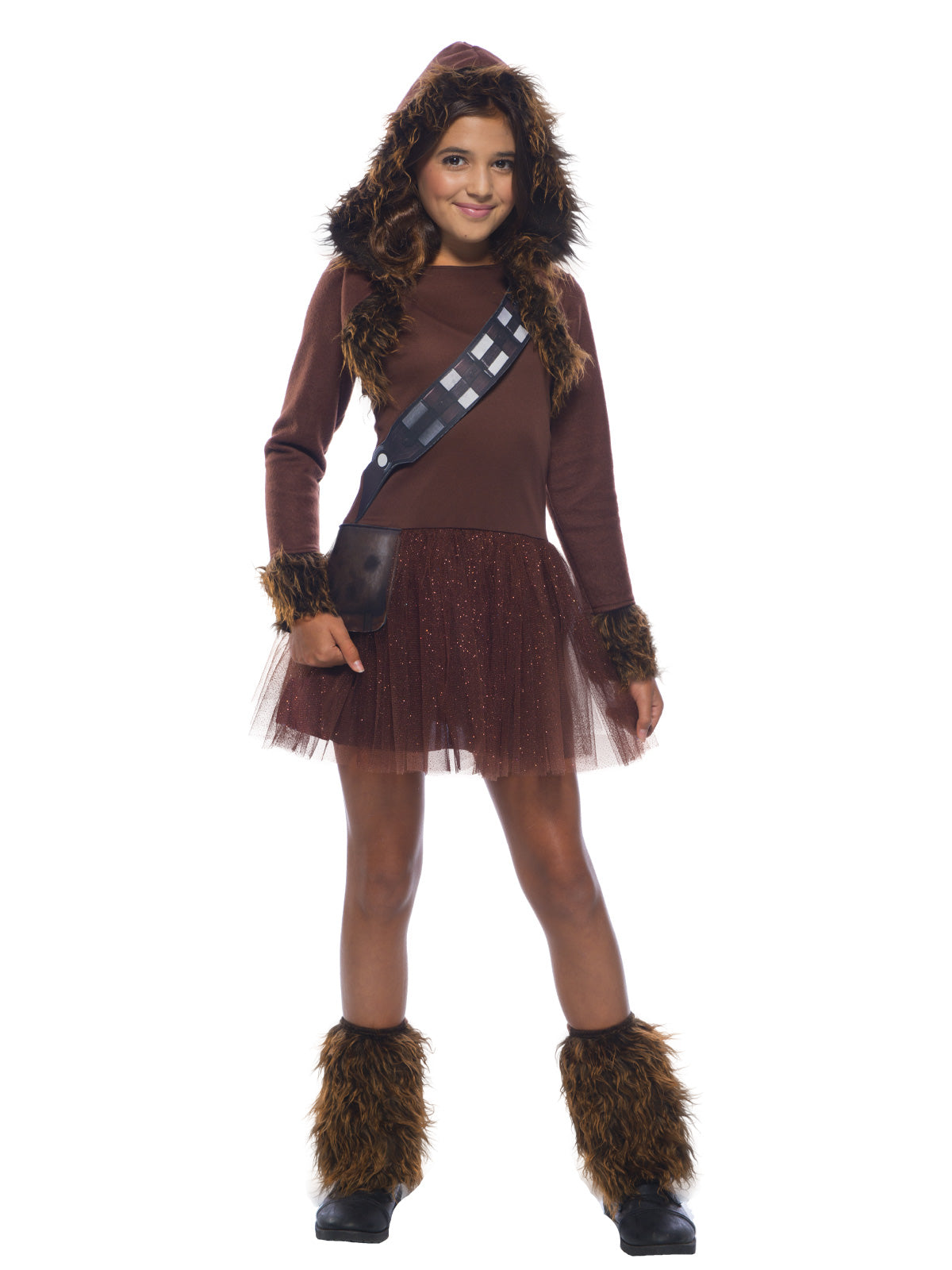 Girl in Chewbacca hooded tutu dress with faux fur trim, bandolier and furry leg warmers