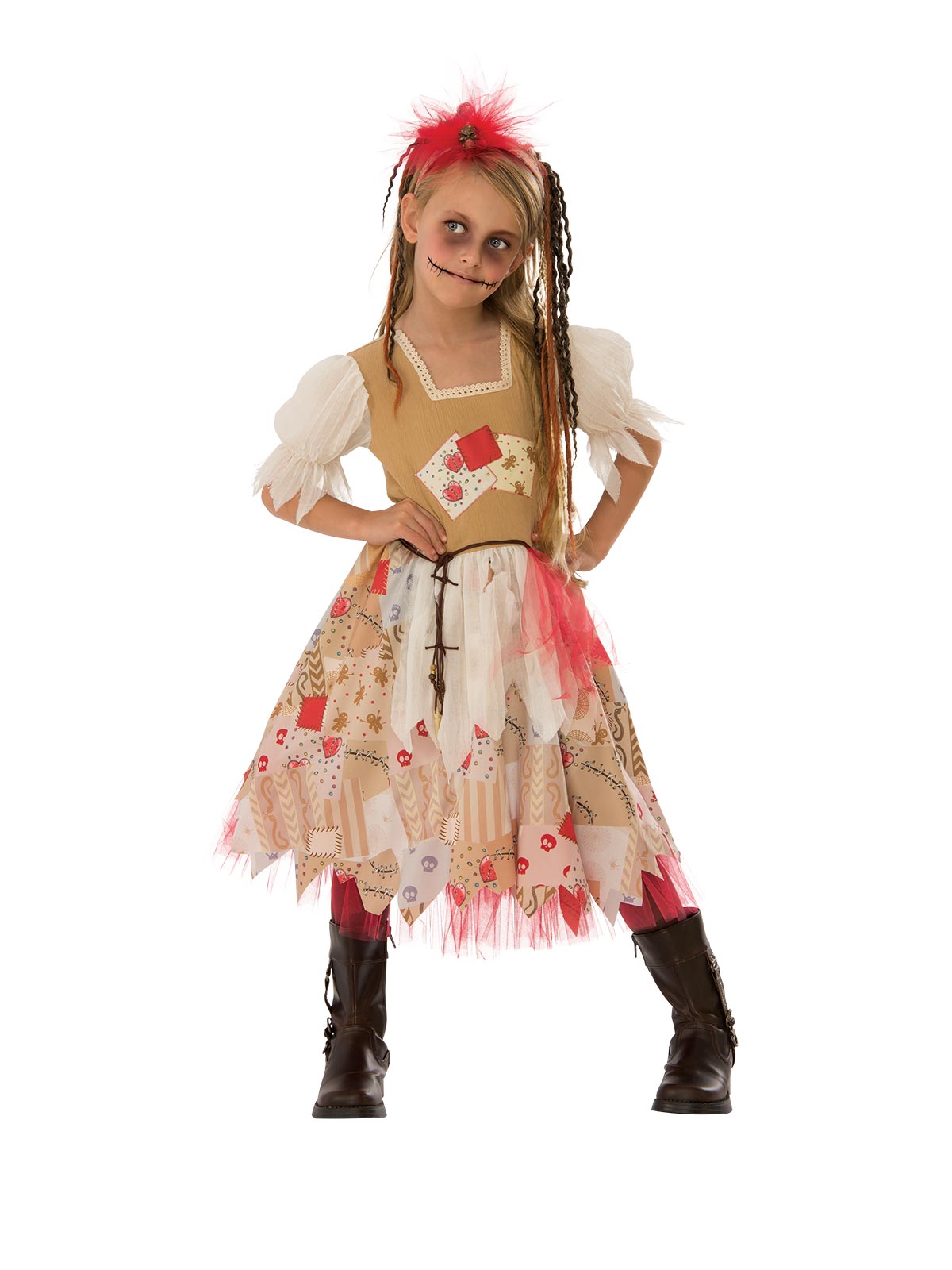 Girl wearing a voodoo doll dress with patchwork skirt, puff sleeves, tulle trim and skull hair piece headband