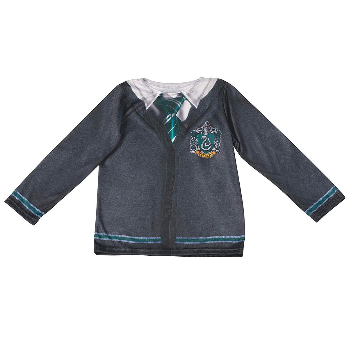 Slytherin costume top shown flat, with printed grey cardigan, collar, tie and Slytherin crest