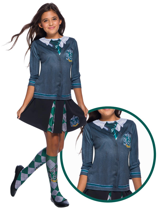 Girl wearing a Slytherin costume top with printed cardigan, shirt collar, green tie and house emblem
