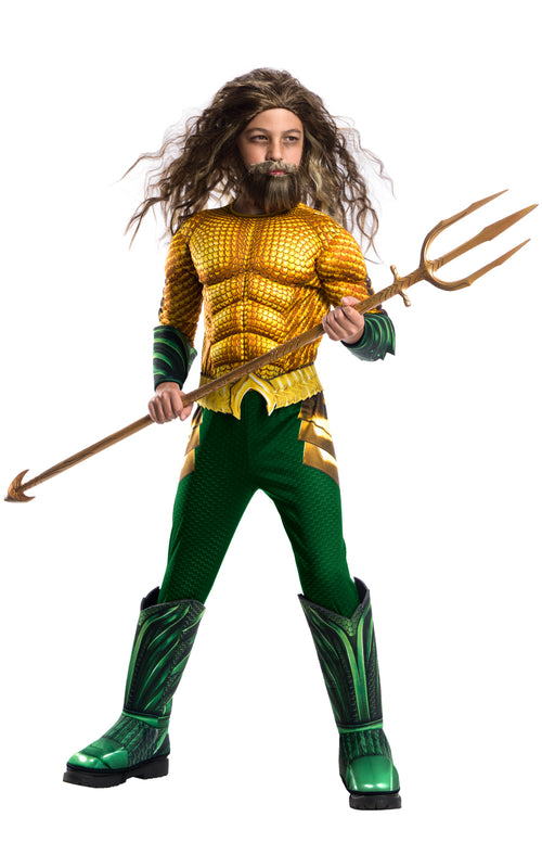 Boy in DC Aquaman costume with gold scale muscle chest, green sleeves and pants and green boot tops