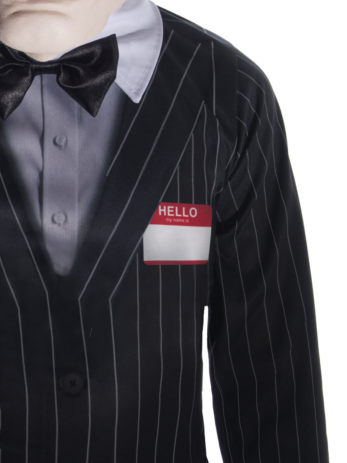 Close-up of the Salesman Ghoul pinstripe jacket with mock shirt, bow tie and printed Hello name tag