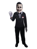 Child in a Salesman Ghoul costume with pinstripe jacket, name tag, bow tie, white gloves and creepy grinning mask