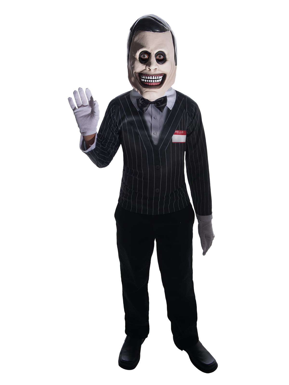 Child in a Salesman Ghoul costume with pinstripe jacket, name tag, bow tie, white gloves and creepy grinning mask