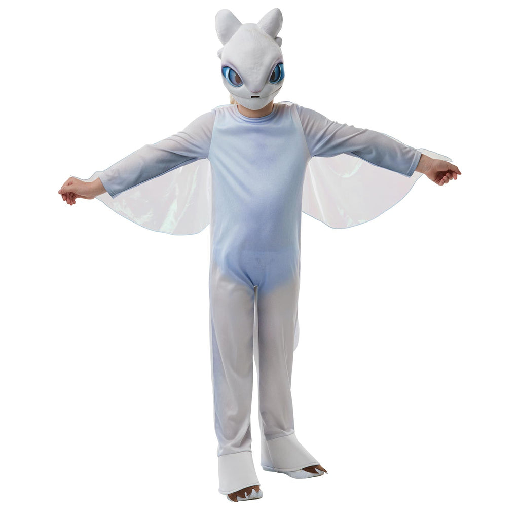 Child with arms out showing the Light Fury sheer white wing cape and white printed jumpsuit