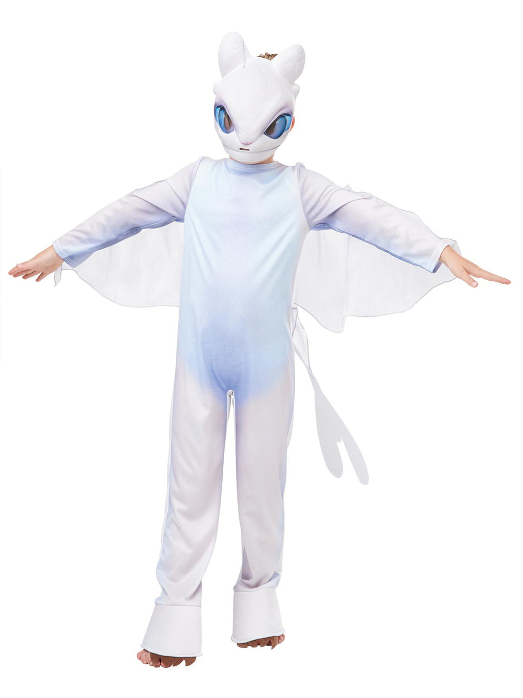 Child in the How to Train Your Dragon Light Fury jumpsuit in white with sheer wings, tail and dragon mask