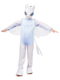 Child in the How to Train Your Dragon Light Fury jumpsuit in white with sheer wings, tail and dragon mask