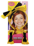 Yellow Wiggles headband and shoe bows with black trim in retail packaging