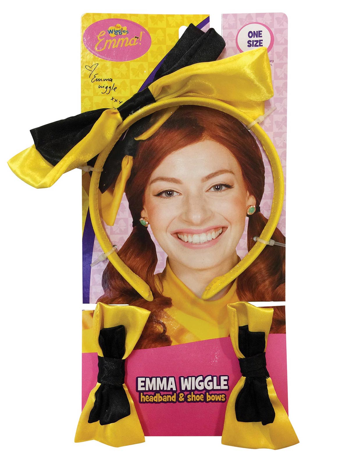 Yellow Wiggles headband and shoe bows with black trim in retail packaging