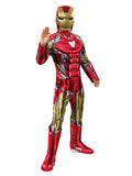 Boy in the Marvel Iron Man Deluxe jumpsuit with padded red and gold armour, 3D boot tops and mask