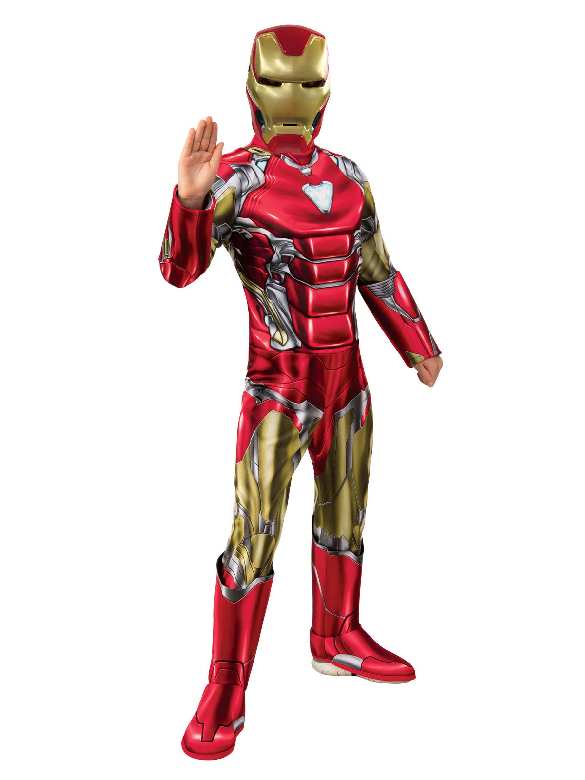 Boy in the Marvel Iron Man Deluxe jumpsuit with padded red and gold armour, 3D boot tops and mask