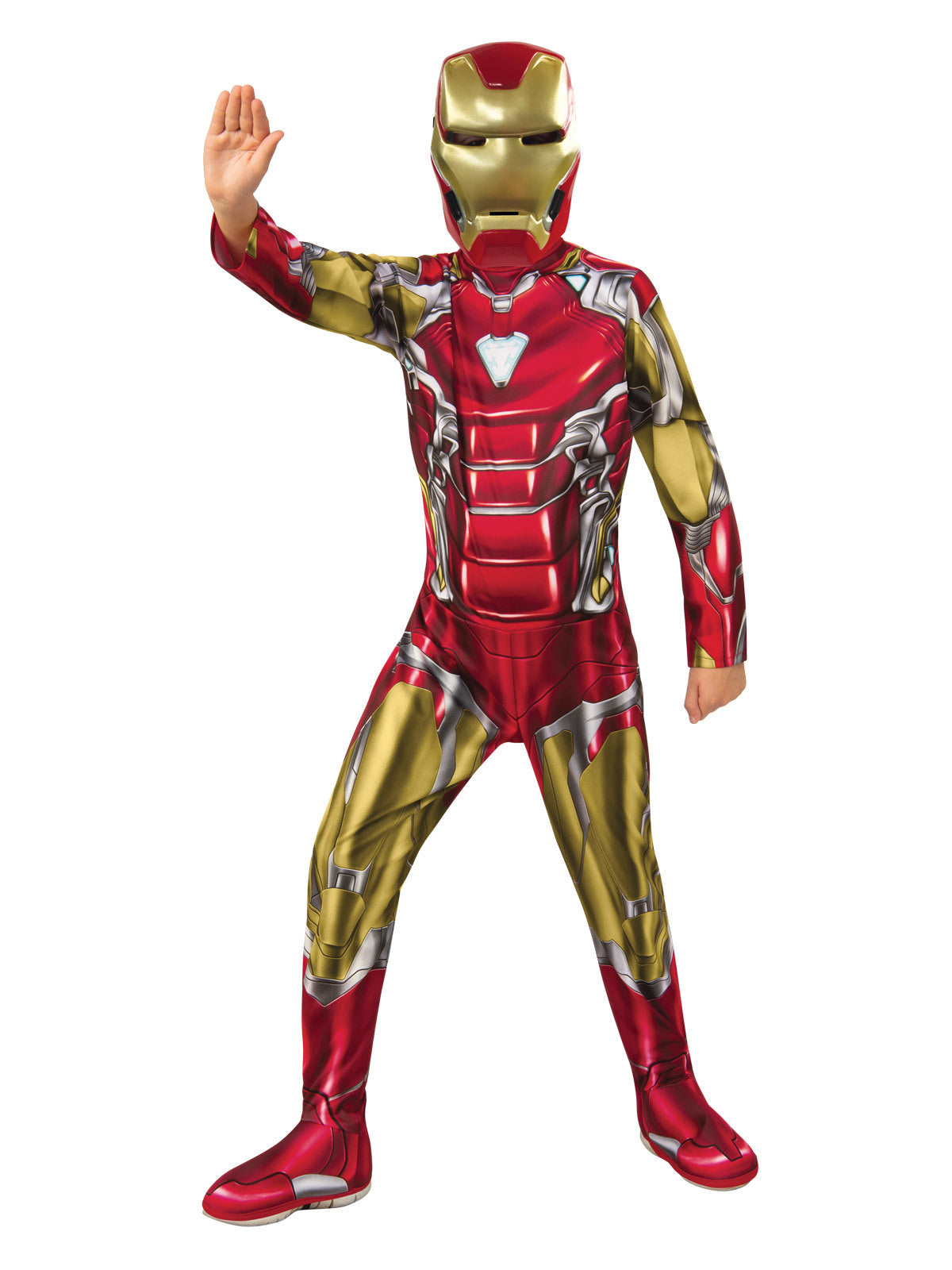Boy in the Marvel Iron Man Classic jumpsuit with red and gold armour print, shoe covers and mask