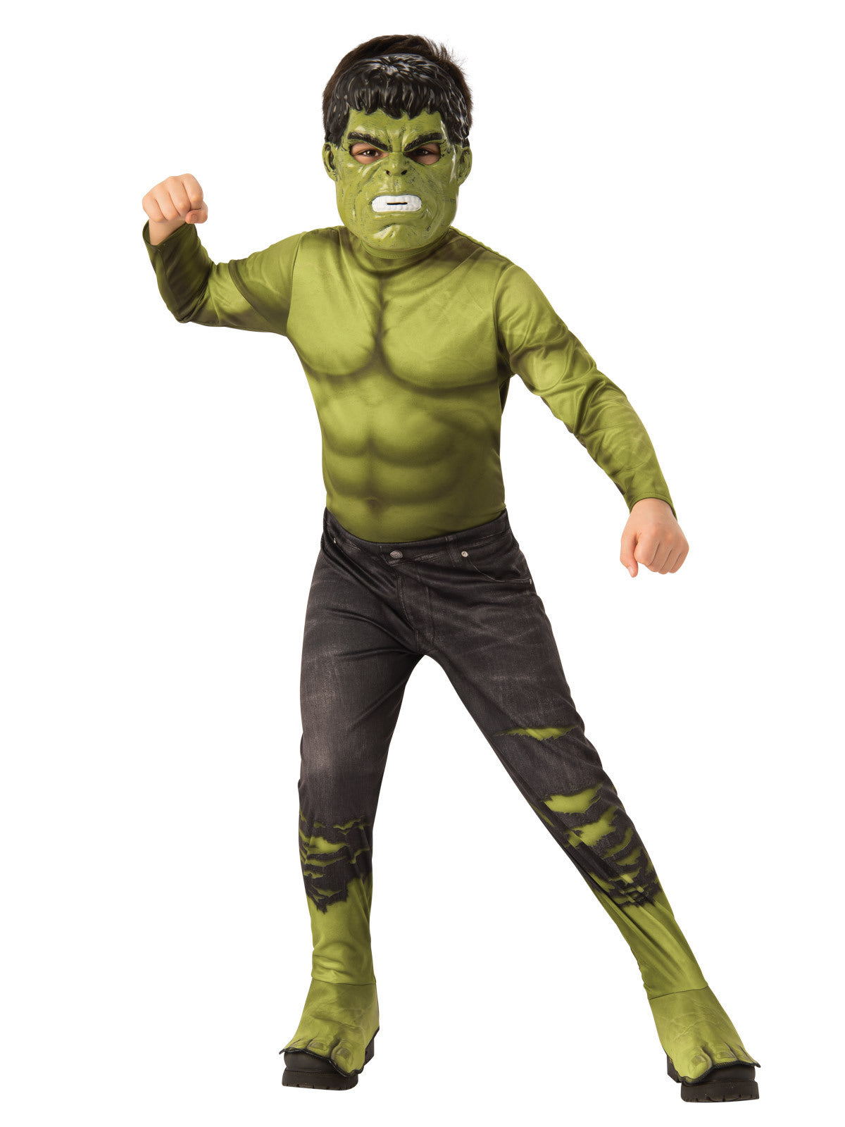 Boy in the Marvel Hulk Classic jumpsuit with a green muscle print top, torn dark pants and green boot tops