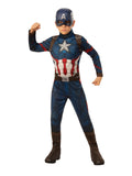 Boy in Captain America jumpsuit in navy with star chest, belt, shoe covers and half mask