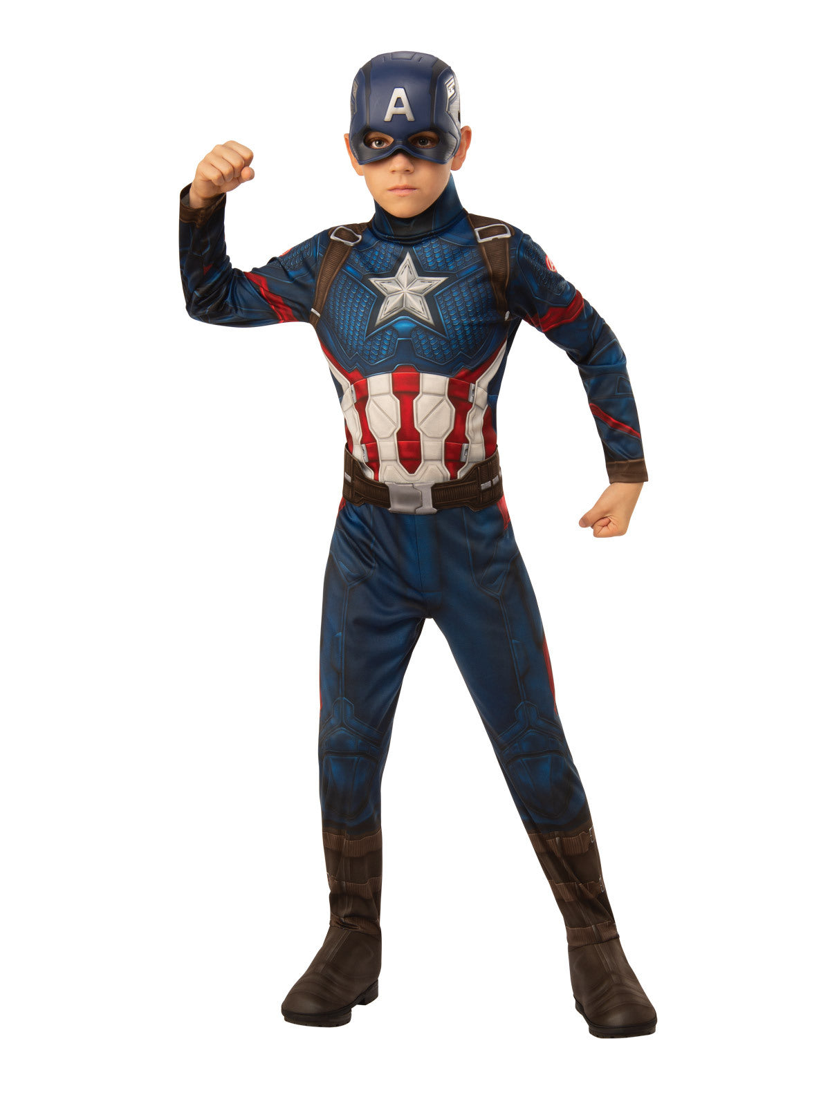 Boy in Captain America jumpsuit in navy with star chest, belt, shoe covers and half mask