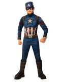 Boy in Captain America deluxe muscle jumpsuit with star chest, striped abs, belt, boot tops and half mask
