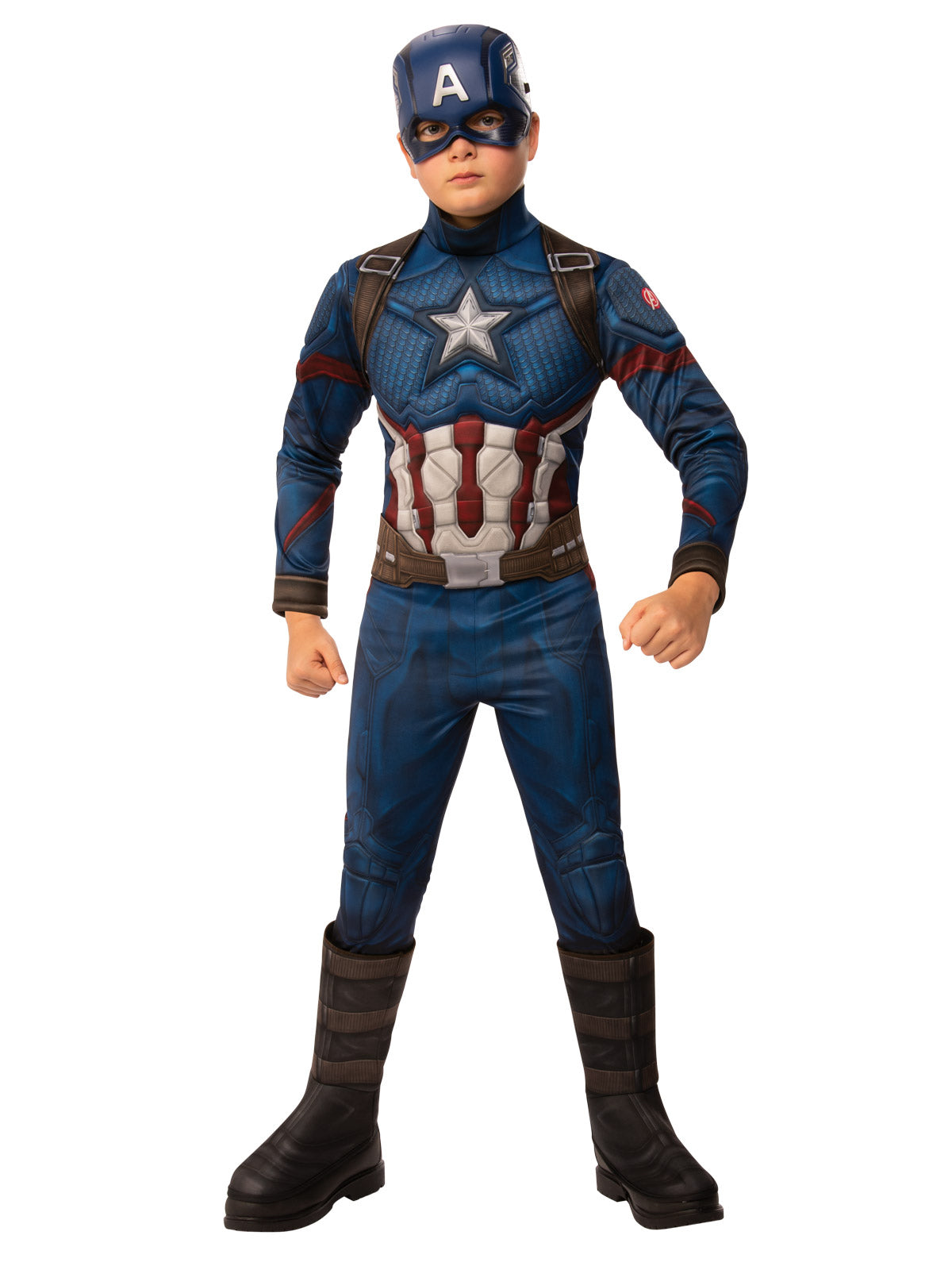 Boy in Captain America deluxe muscle jumpsuit with star chest, striped abs, belt, boot tops and half mask
