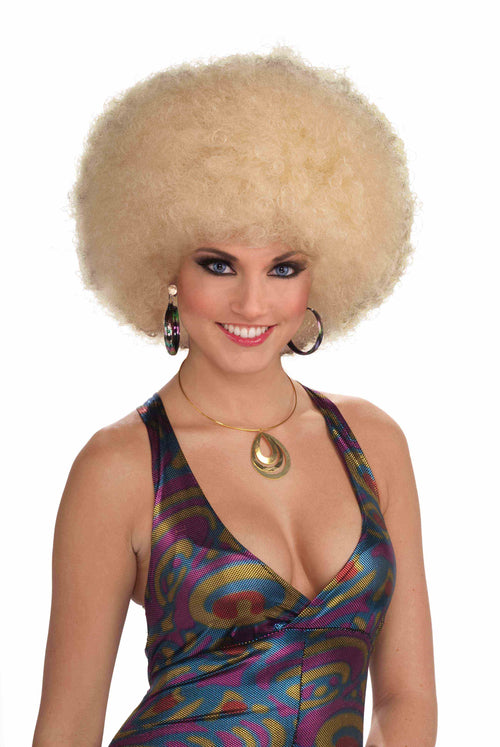 Woman wearing a big blonde curly afro wig
