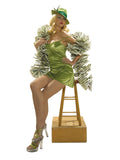 Woman wearing a long paper boa of fake dollar bills