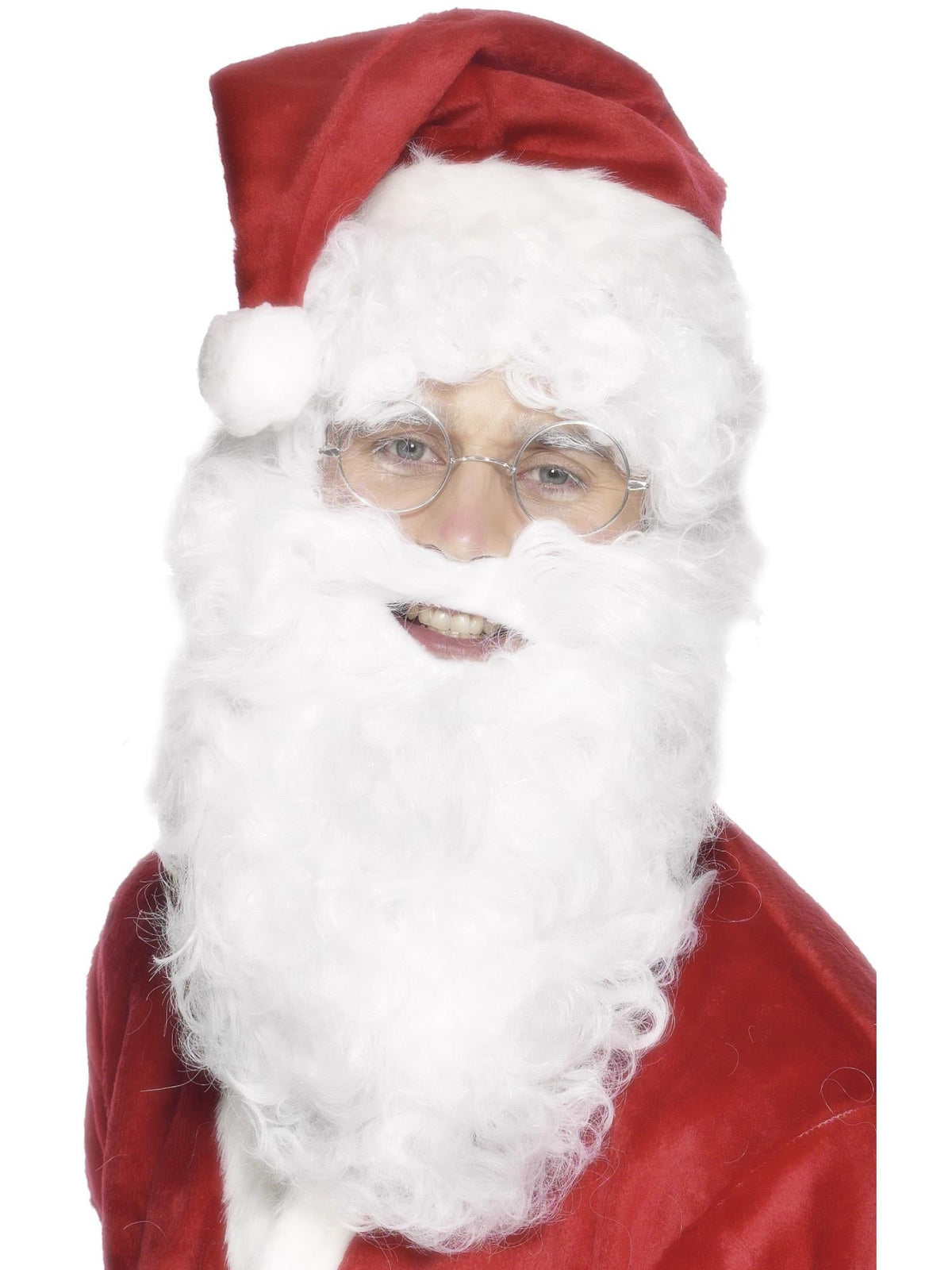 Man in a Santa hat wearing a long curly white Santa beard