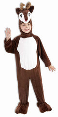 Child in a brown plush reindeer jumpsuit with white belly panel, antlered hood and boot tops