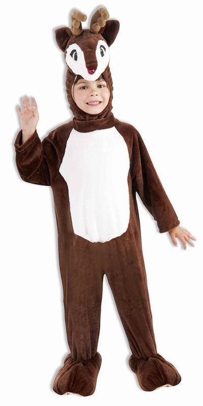 Child in a brown plush reindeer jumpsuit with white belly panel, antlered hood and boot tops