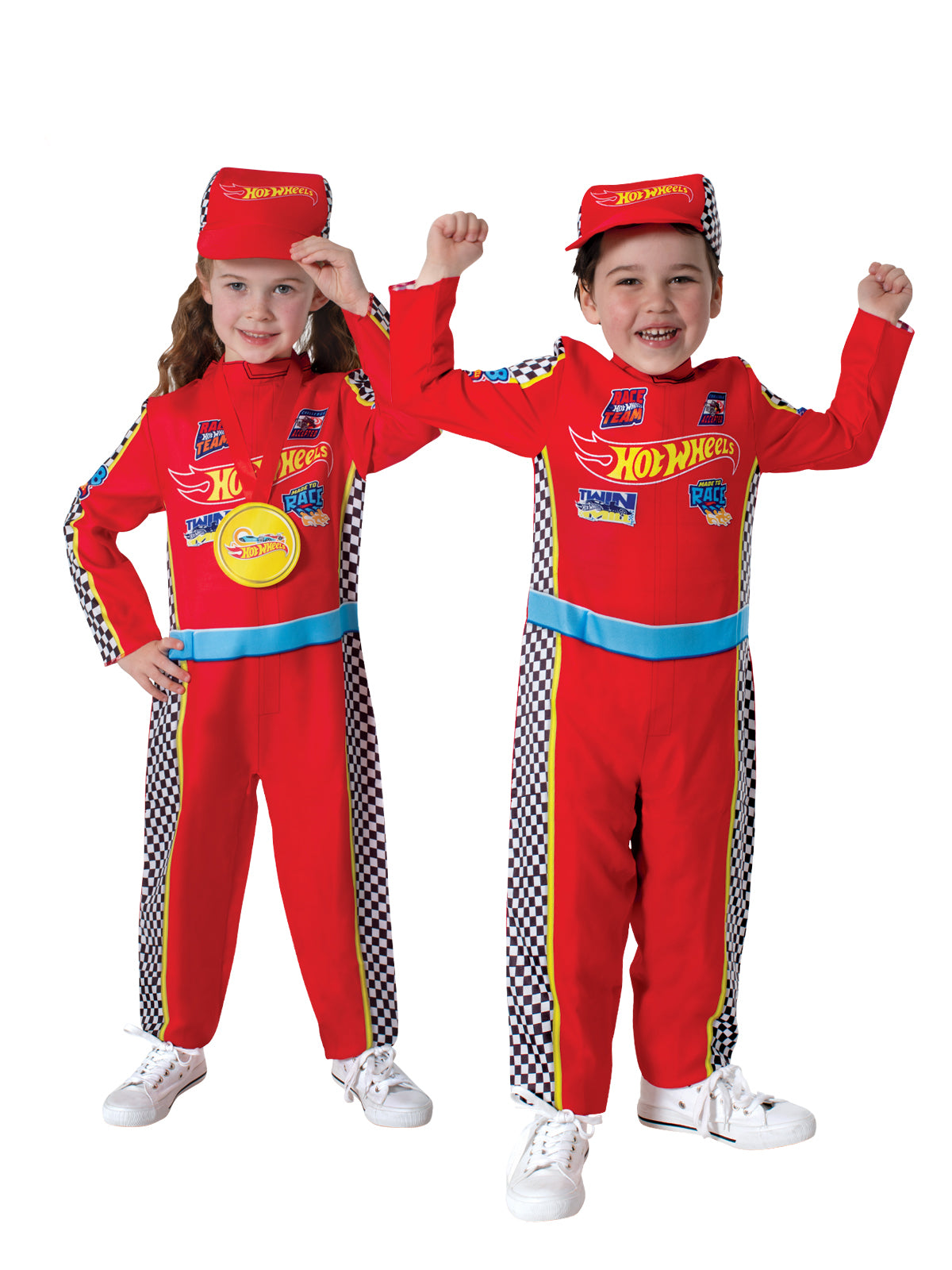 Girl and boy in the Mattel Hot Wheels red racing suit with logos, chequered stripes, blue belt and cap