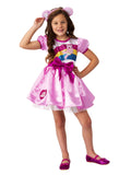 Girl in pink Care Bears Cheer Bear tutu dress with rainbow belly badge, heart skirt and ears headband