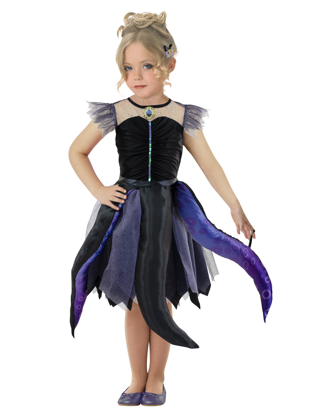 Girl wearing an Ursula dress with sequin-trim black bodice, seashell necklace and jagged purple tentacle skirt