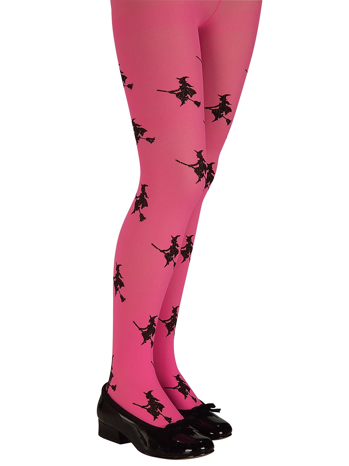 Child's legs in glittery pink tights with black witch and broomstick print