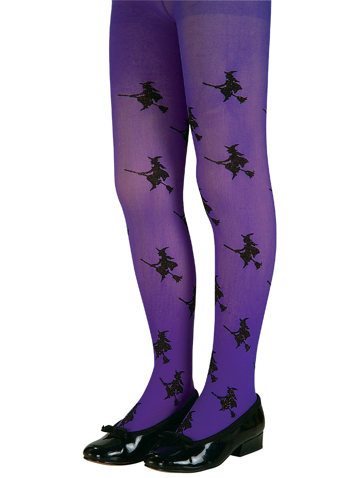 Child's legs in glittery purple tights with black witch and broomstick print