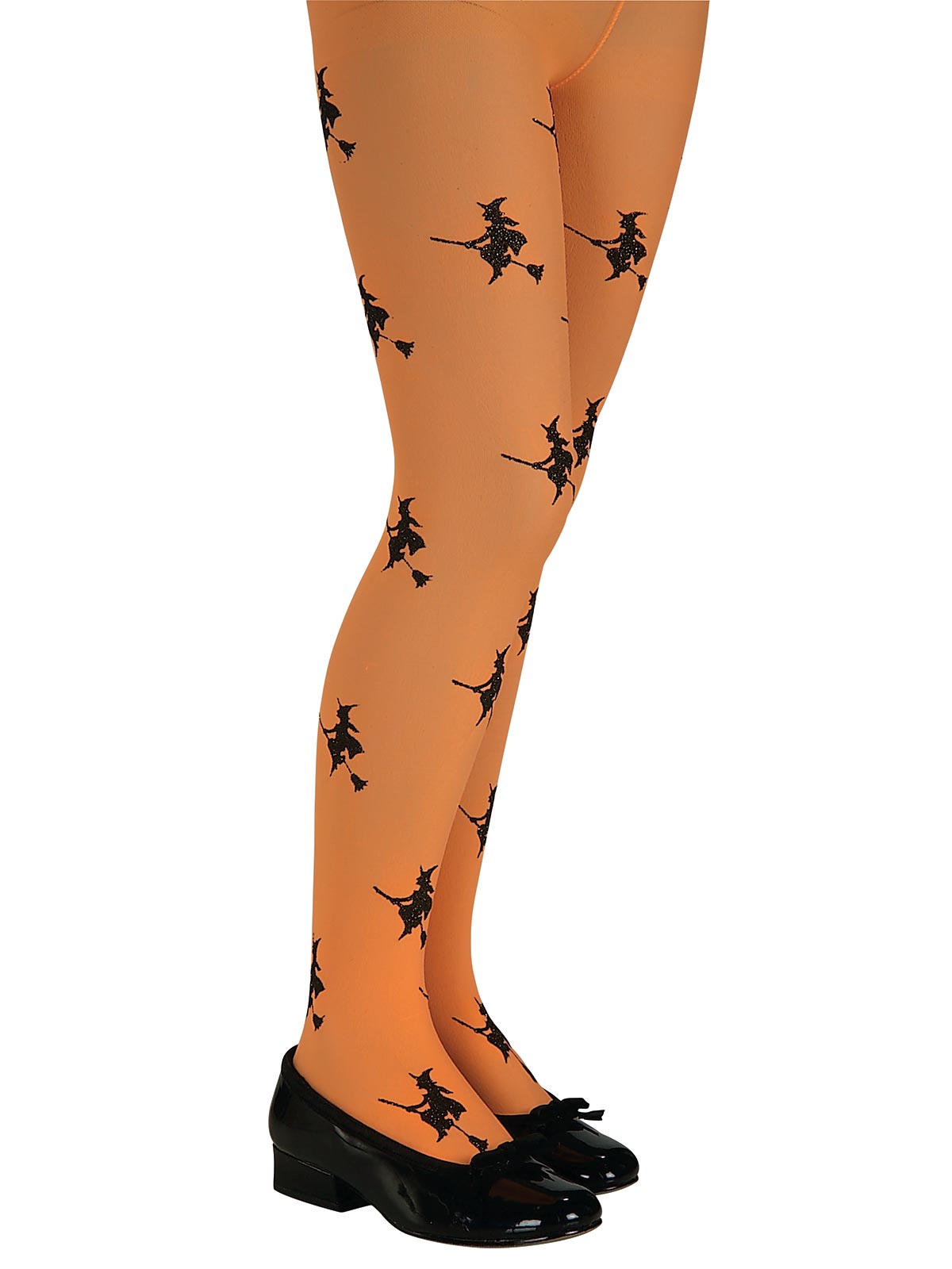 Child's legs in glittery orange tights with black witch and broomstick print