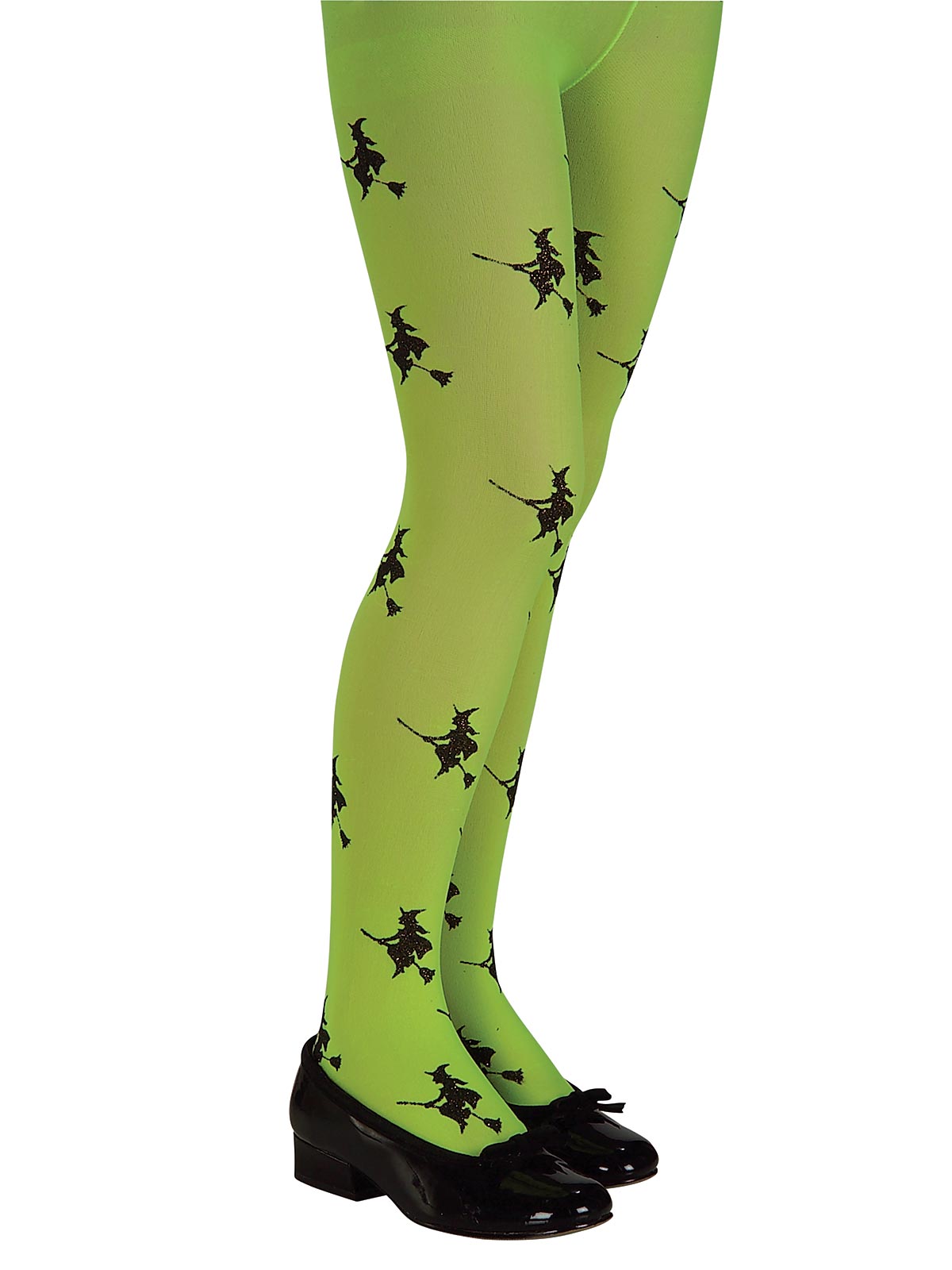Child's legs in glittery green tights with black witch and broomstick print
