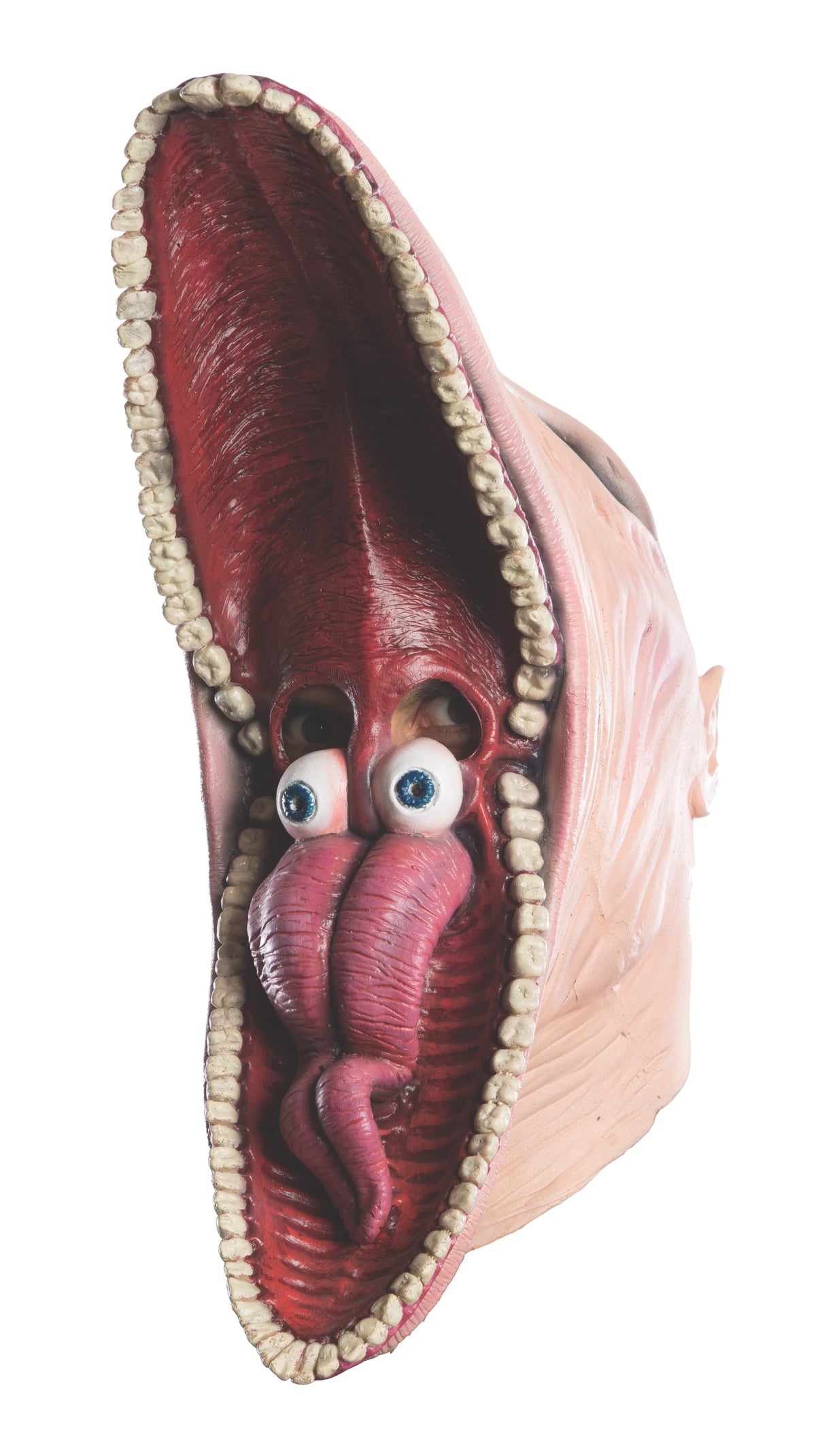 Beetlejuice Barbara latex mask with a stretched-open mouth face and googly eyes