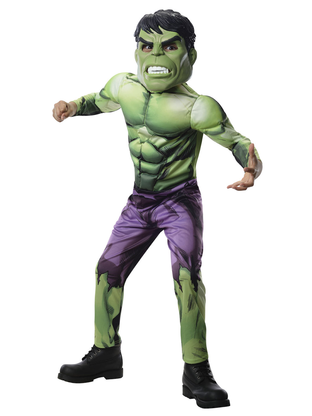 Boy in the Marvel Hulk Deluxe costume with a padded green muscle chest, purple pants and Hulk mask