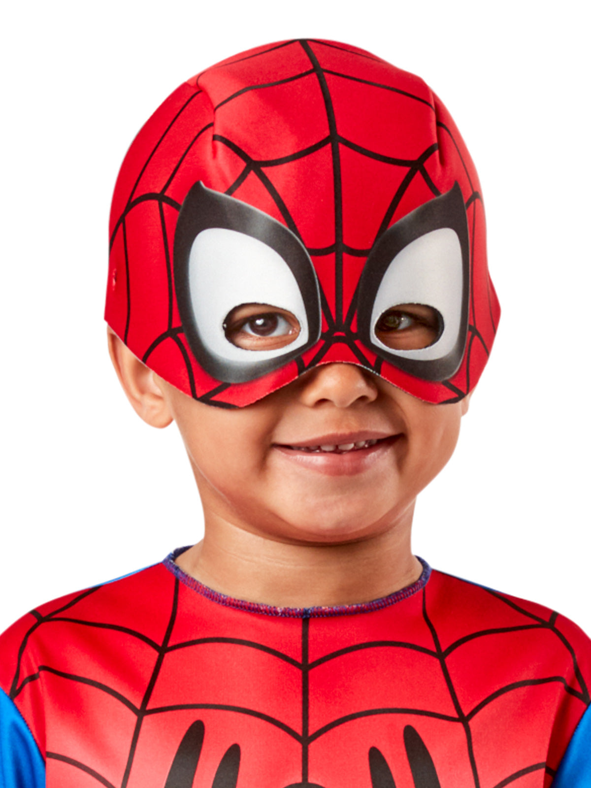 Close-up of a toddler in the red Spidey half mask with white eyes and web-print bodice