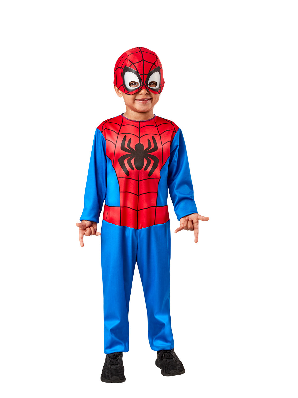 Front view of the toddler Spidey jumpsuit with a printed spider web chest and red half mask