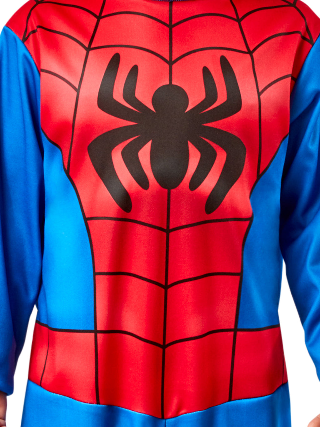 Close-up of the black spider print on the red and blue Spidey bodice