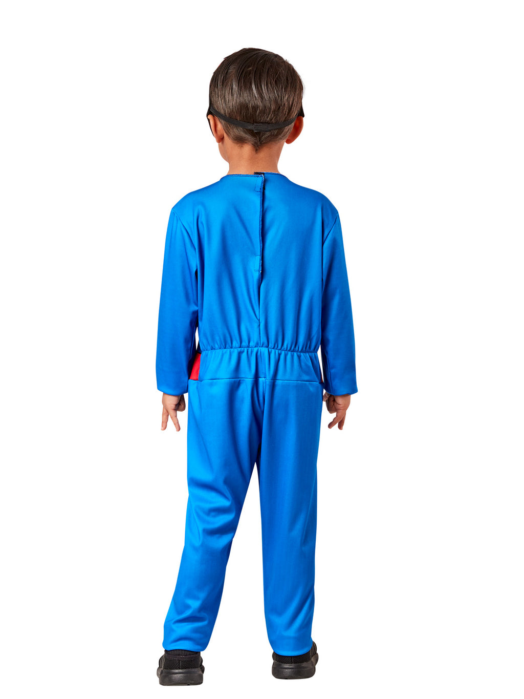 Back view of the plain blue Spidey toddler jumpsuit and pants