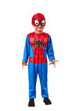 Toddler in the Spidey and His Amazing Friends costume with a red mask, spider-print chest and blue pants