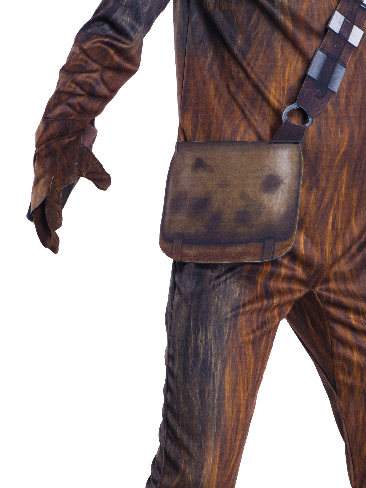 Close-up of the Chewbacca deluxe fur print jumpsuit, glove and bandolier pouch