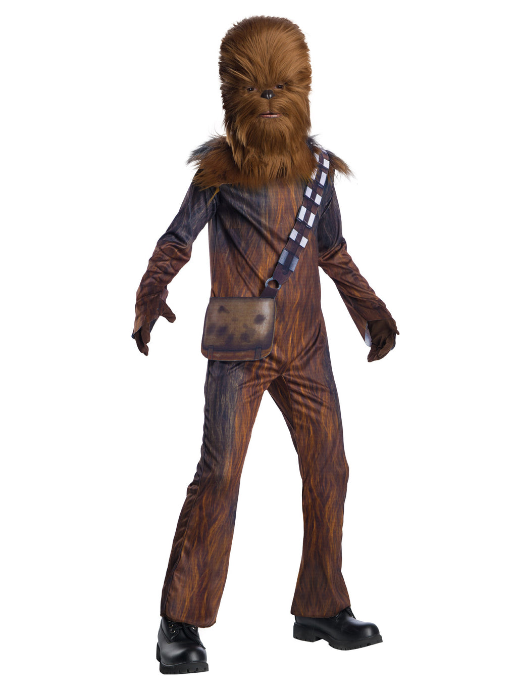 Boy in deluxe Chewbacca costume with fur print jumpsuit, faux fur mask, bandolier and gloves