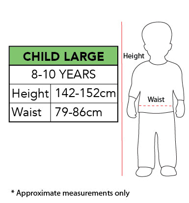 Size chart for the Patchwork Witch Mini Dress Costume, Child